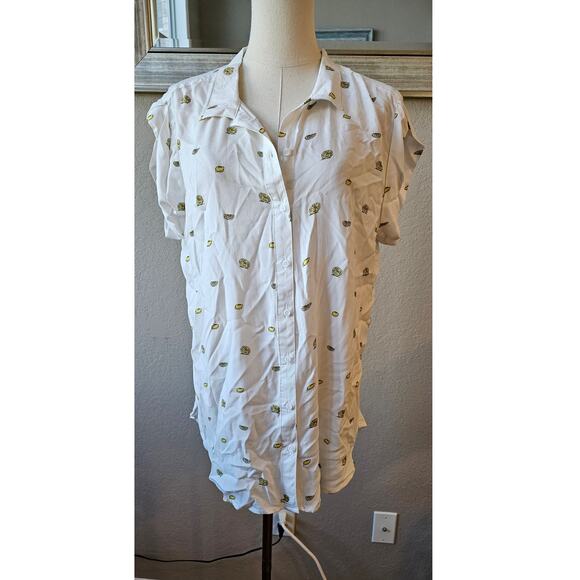 NWT‎ Per Se Lemons Print Button Down Shirt Women Size L White Cuffed Cap Sleeve - Picture 2 of 5